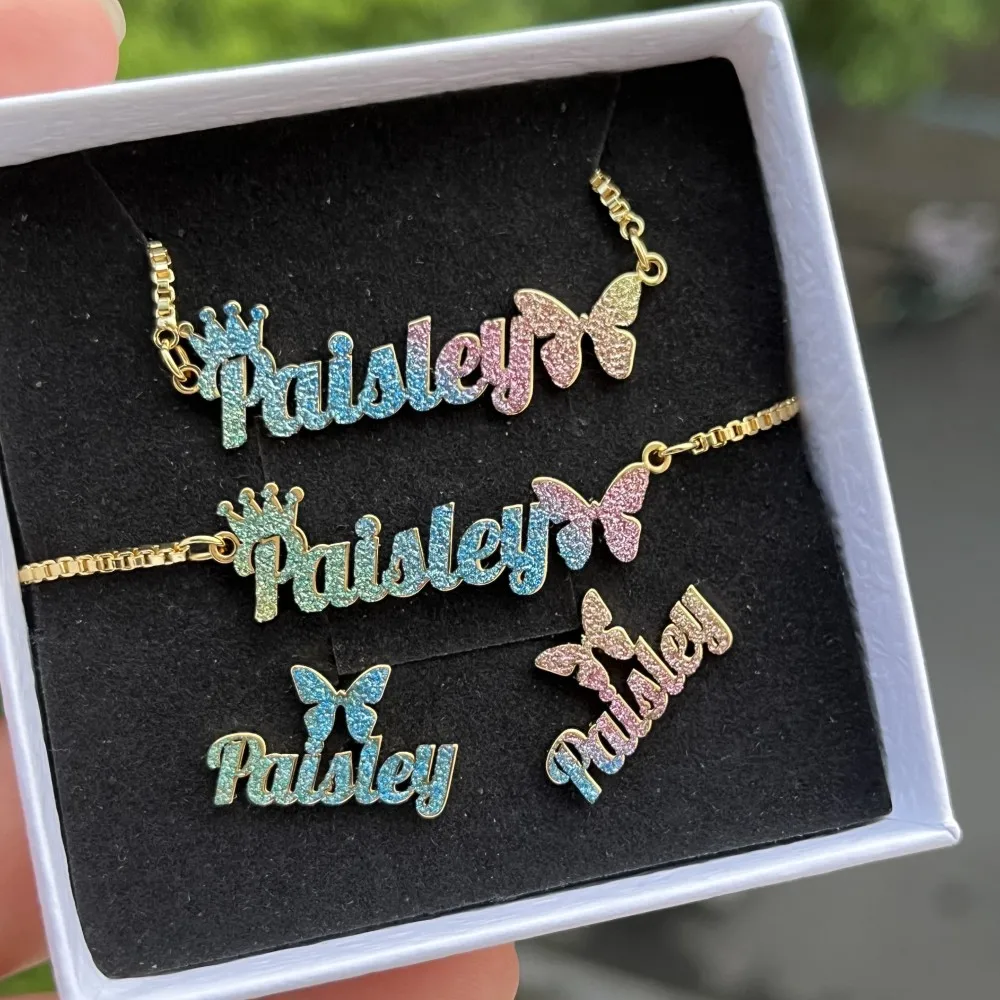 Crown Butterfly Colorful Jewelry Set Personalized Name Necklace Name Bracelet And Name Earrings