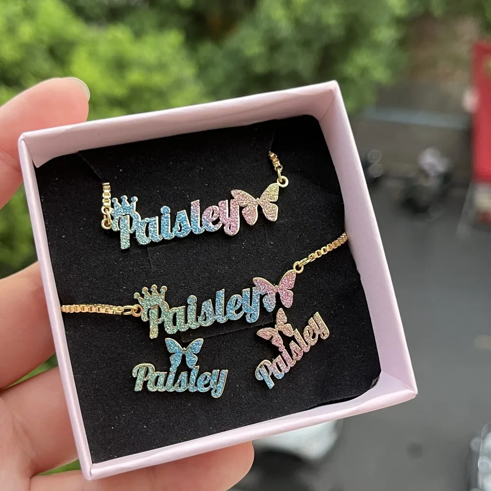 Crown Butterfly Colorful Jewelry Set Personalized Name Necklace Name Bracelet And Name Earrings