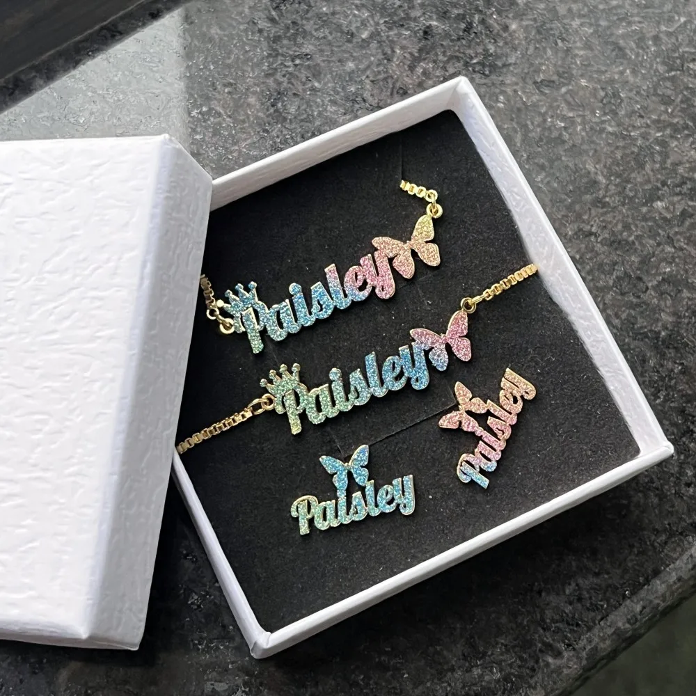 Crown Butterfly Colorful Jewelry Set Personalized Name Necklace Name Bracelet And Name Earrings