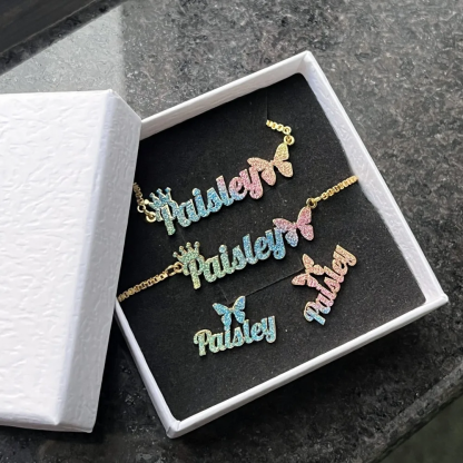 Crown Butterfly Colorful Jewelry Set Personalized Name Necklace Name Bracelet And Name Earrings
