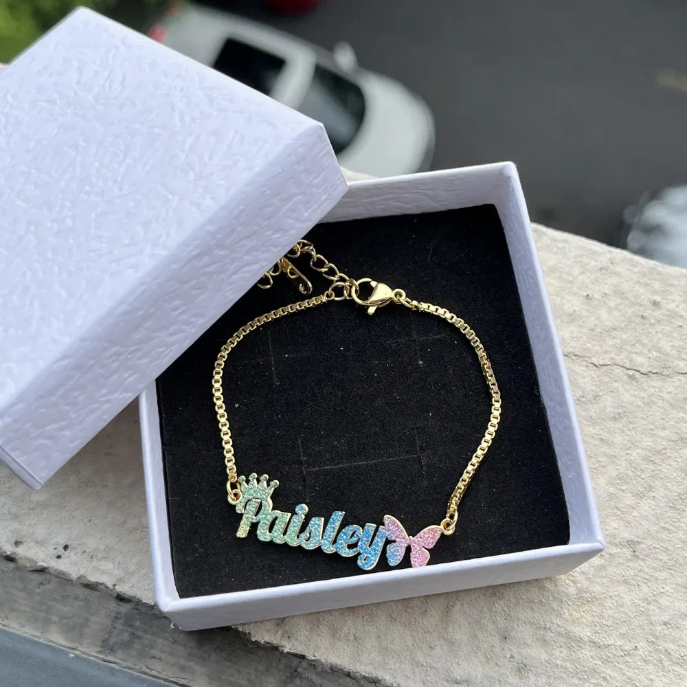 Crown Butterfly Colorful Jewelry Set Personalized Name Necklace Name Bracelet And Name Earrings