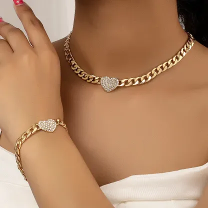 Gold Plated Heart Zircon Pendant Retro Metal Bracelet Necklace Set For Women