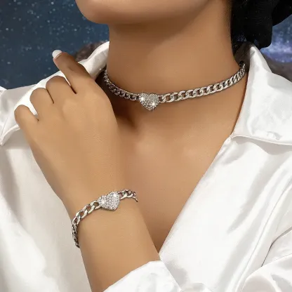 Gold Plated Heart Zircon Pendant Retro Metal Bracelet Necklace Set For Women