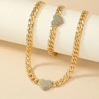 Gold Plated Heart Zircon Pendant Retro Metal Bracelet Necklace Set For Women