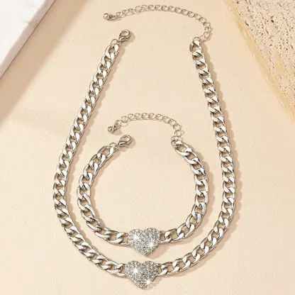 Gold Plated Heart Zircon Pendant Retro Metal Bracelet Necklace Set For Women