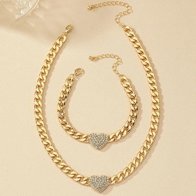 Gold Plated Heart Zircon Pendant Retro Metal Bracelet Necklace Set For Women