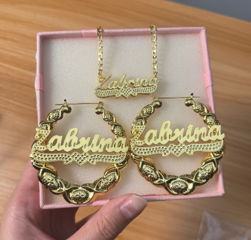 Double Plated Zircon Nameplated Pendant Personalized Name Necklace And Bamboo Earrings 2pcs Set