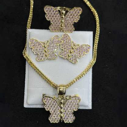 Butterfly Jewelry Set Gold Plated Necklace Ring And Stud Earrings
