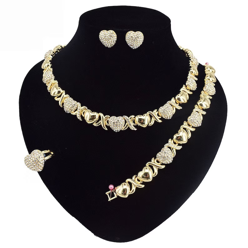 Xoxo Chain Heart Jewelry Set Gold Plated Necklace Bracelet Ring And Stud Earrings