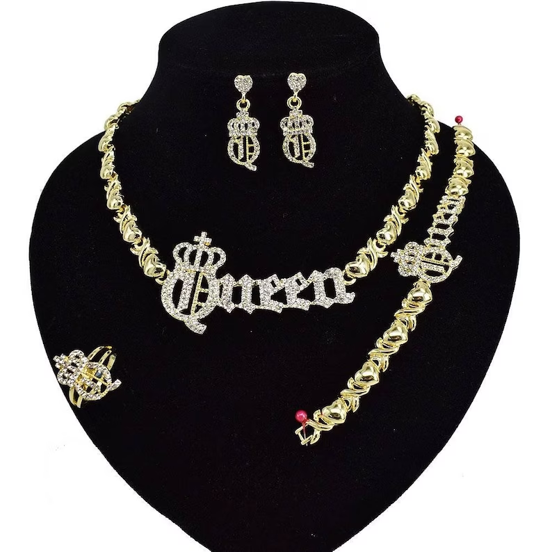 Xoxo Chain Set Custom Crown Old English Nameplated Pendant Necklace Bracelet Ring And Stud Earrings