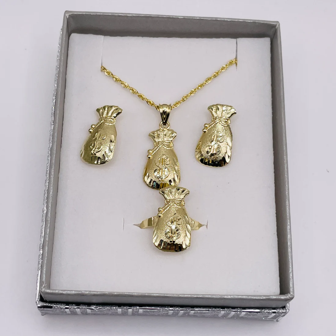 Moneybag Set Gold Plated Necklace Ring And Stud Earrings