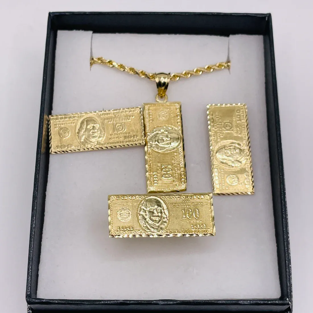 $100 Bill Set Gold Plated Necklace Ring And Stud Earrings