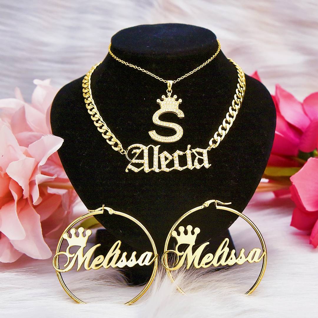 Personalized Old English Name Necklace Initial Necklace And Crown Name Earrings 3pcs Set