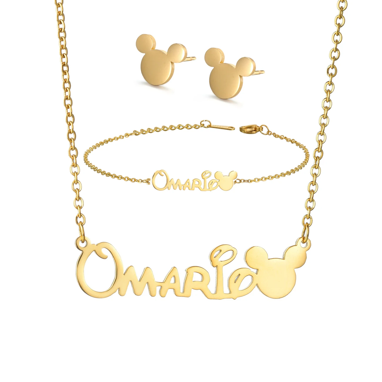 Cartoon Pendant Custom Name Necklace Bracelet Earring Jewelry Sets For Baby
