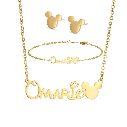 Cartoon Pendant Custom Name Necklace Bracelet Earring Jewelry Sets For Baby