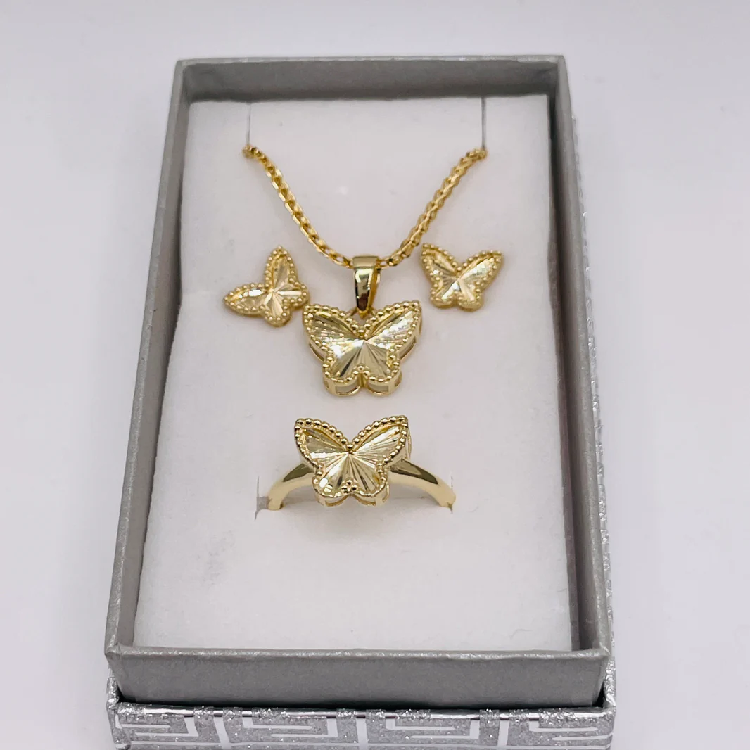 Butterfly Jewelry Set Gold Plated Butterfly Necklace Ring And Stud Earrings