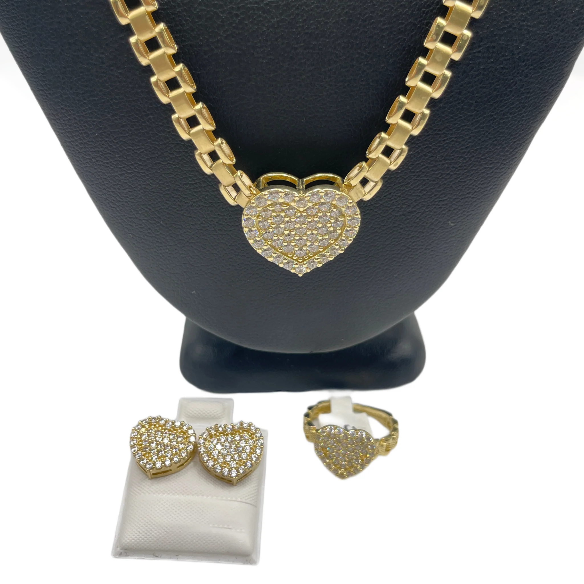 Rolex Style Heart Iced Out White Zircon Pendant Necklace Ring And Stud