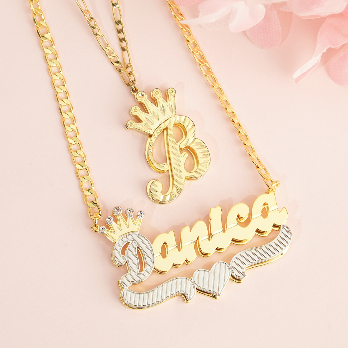 Personalized Heart Pendant Name Necklace And Crown Initial Necklace 2pcs Set