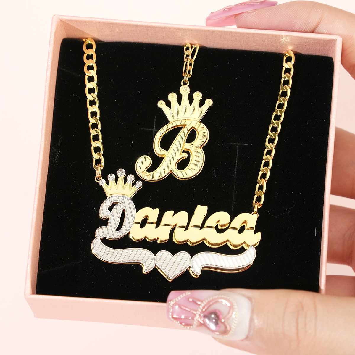 Personalized Heart Pendant Name Necklace And Crown Initial Necklace set