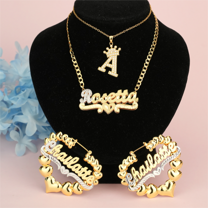 Double Layer Name Necklace Crown Initial Necklace And Name Earrings With Heart Personalized Jewelry Set