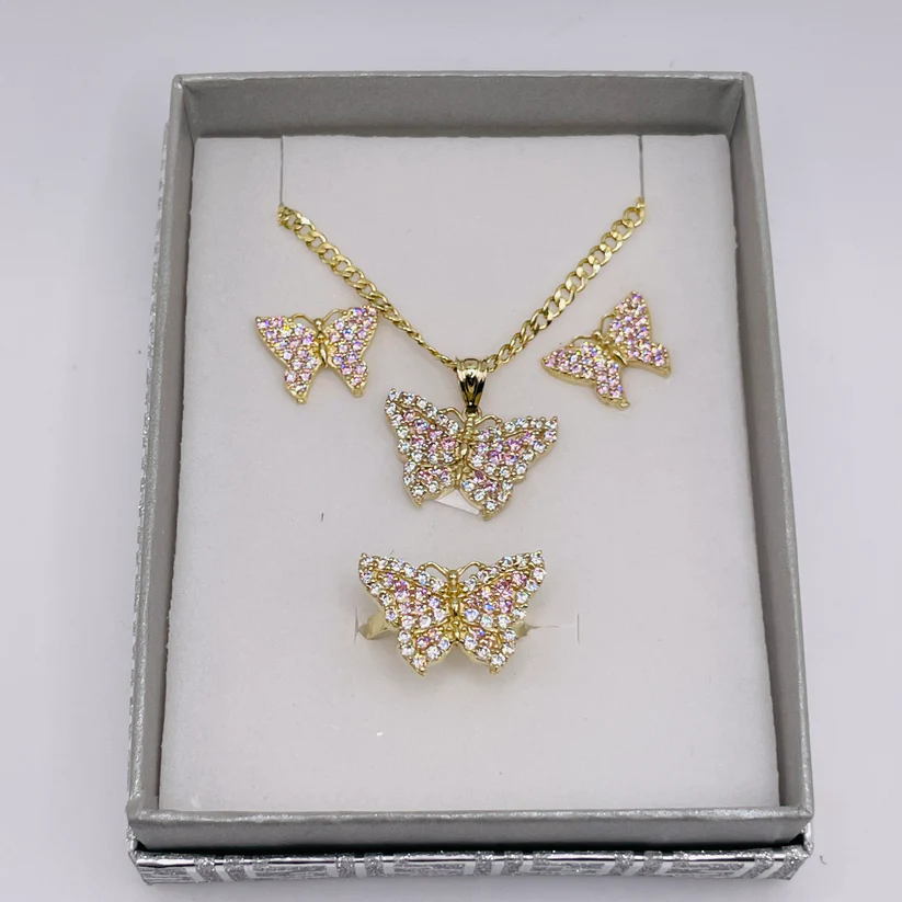 Pink Butterfly Set Gold Plated Necklace Ring And Stud Earrings 3 Piece Set
