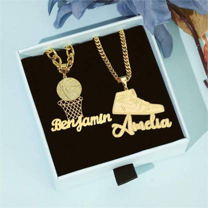 Personalized Gold Plated Name Necklace With Basketball And Sneakers Pendant 2 Piece Set