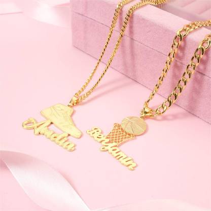 Personalized Gold Plated Name Necklace With Basketball And Sneakers Pendant 2 Piece Set