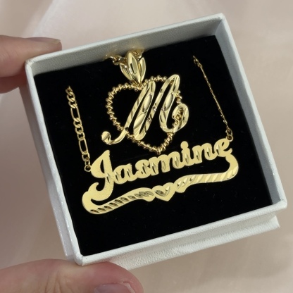 Heart Diamond Cut Jewelry Set Custom Name Necklace And Initial Necklace