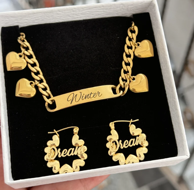 Personalized Name Necklace And Heart Name Earrings 2pc Set