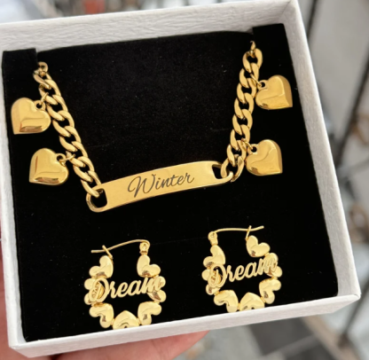 Personalized Heart Pendant Name Necklace And Heart Name Earrings 2pc Set