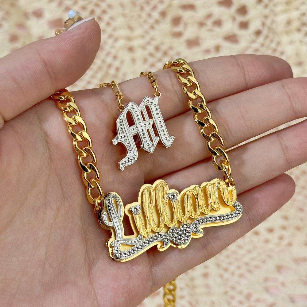 Double Layer Personalized Heart Name Necklace And Old English Initial 