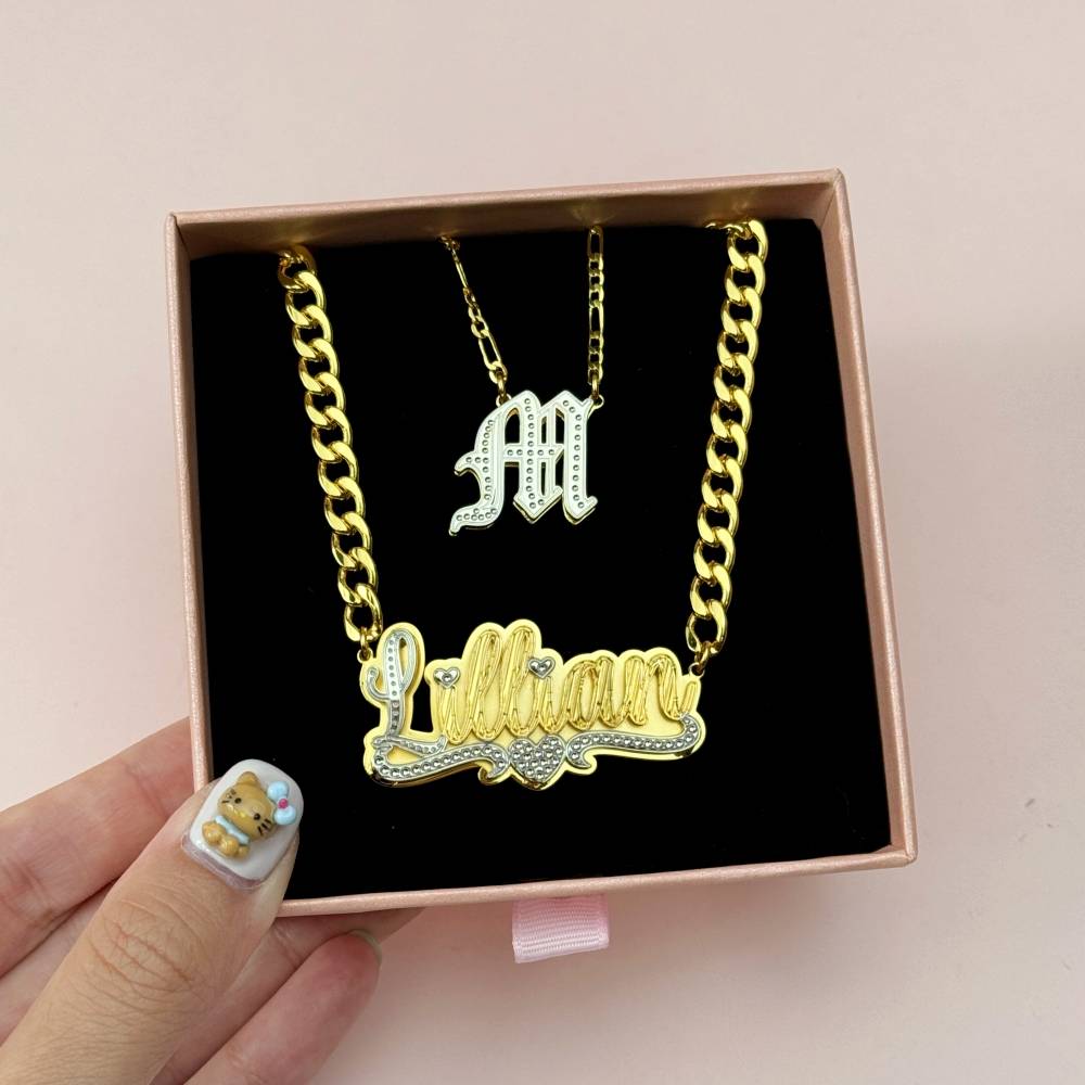 Double Layer Personalized Heart Name Necklace And Old English Initial Necklace 2pc Set