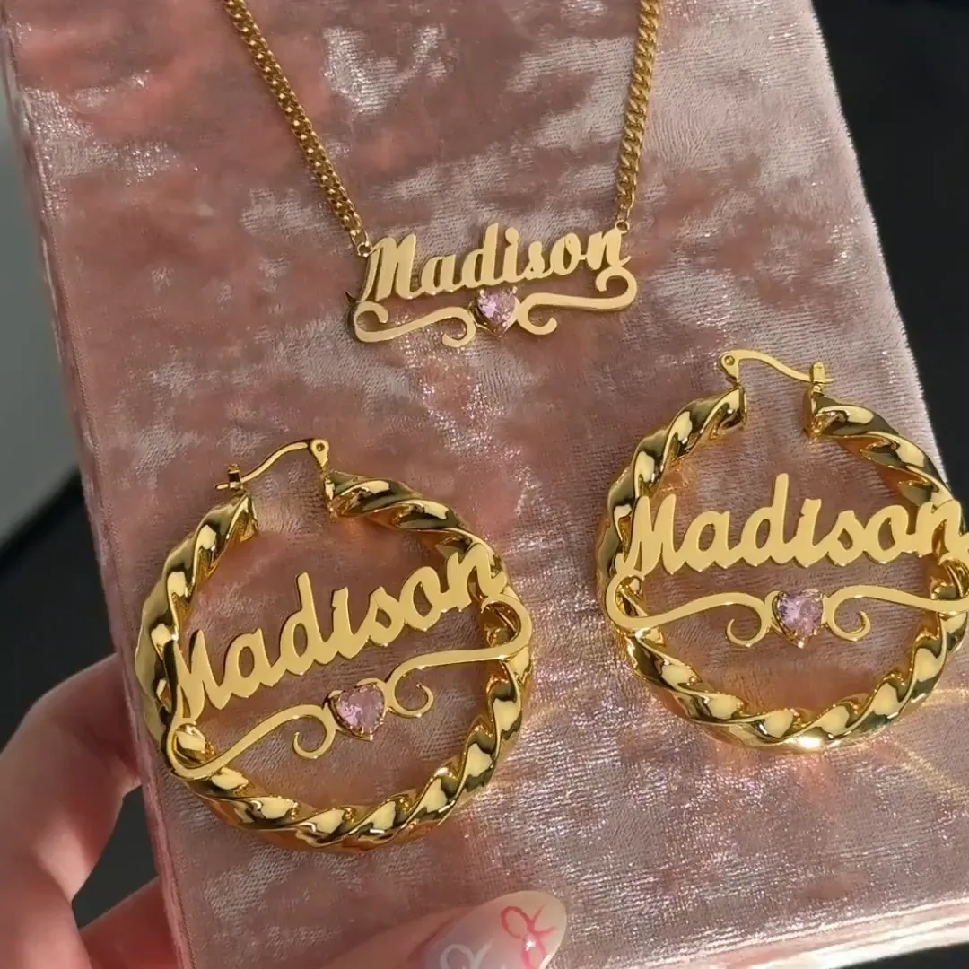 Personalized Heart Name Necklace And Name Earrings Birthstone Jewelry