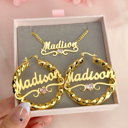 Personalized Heart Name Necklace And Name Earrings Birthstone Jewelry Set