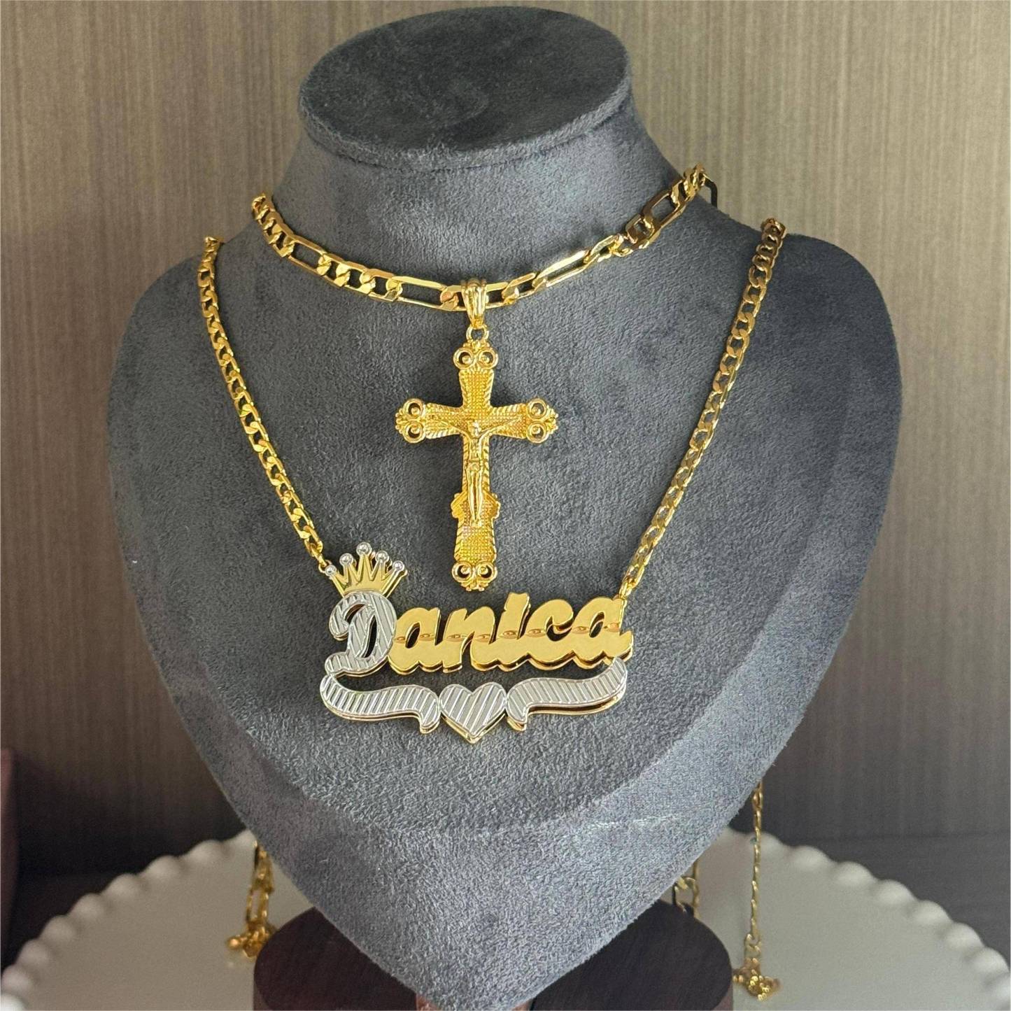 Personalized Double Plated Crown Name Necklace And Cross Necklace Set