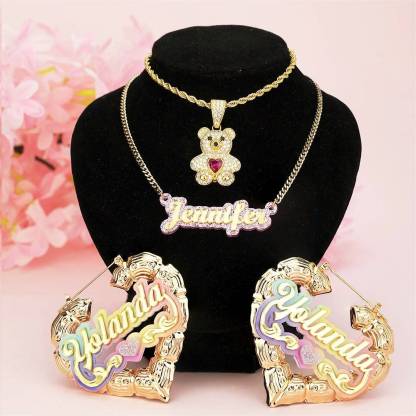 Personalized Acrylic Name Necklace Custom Heart Name Earrings And Teddy Bear Necklace