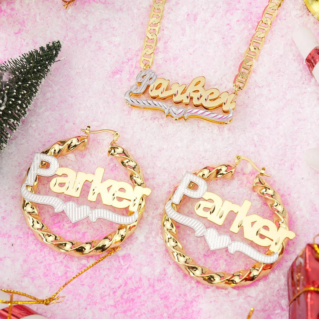 Heart Nameplated Set Custom Double Plate Name Necklace And Hoop Name E