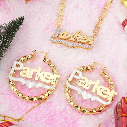 Heart Nameplated Set Custom Double Plate Name Necklace And Hoop Name Earrings