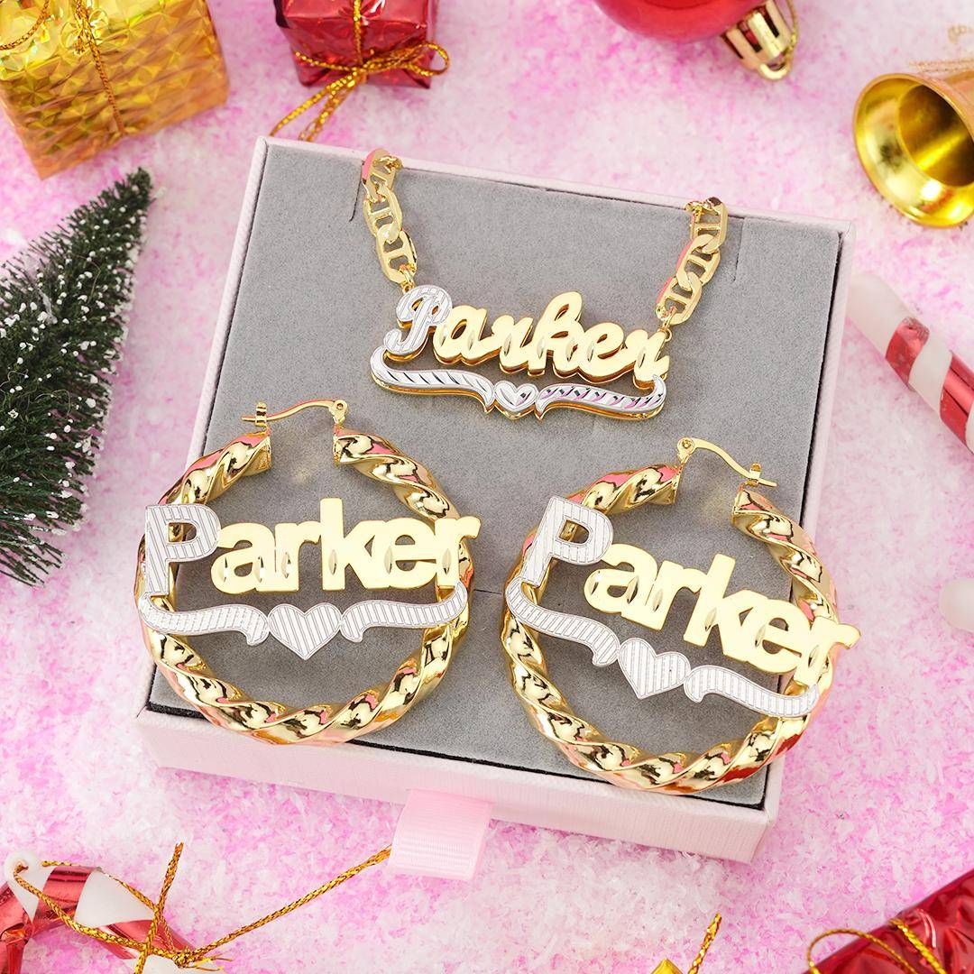 Heart Nameplated Set Custom Double Plate Name Necklace And Hoop Name Earrings