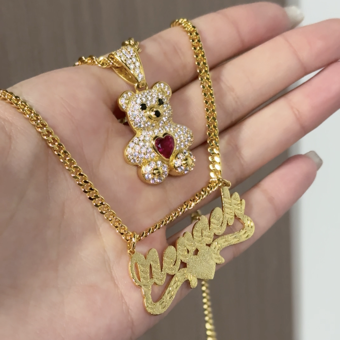 Custom Name Necklace Teddy Bear Necklace 2pc Set