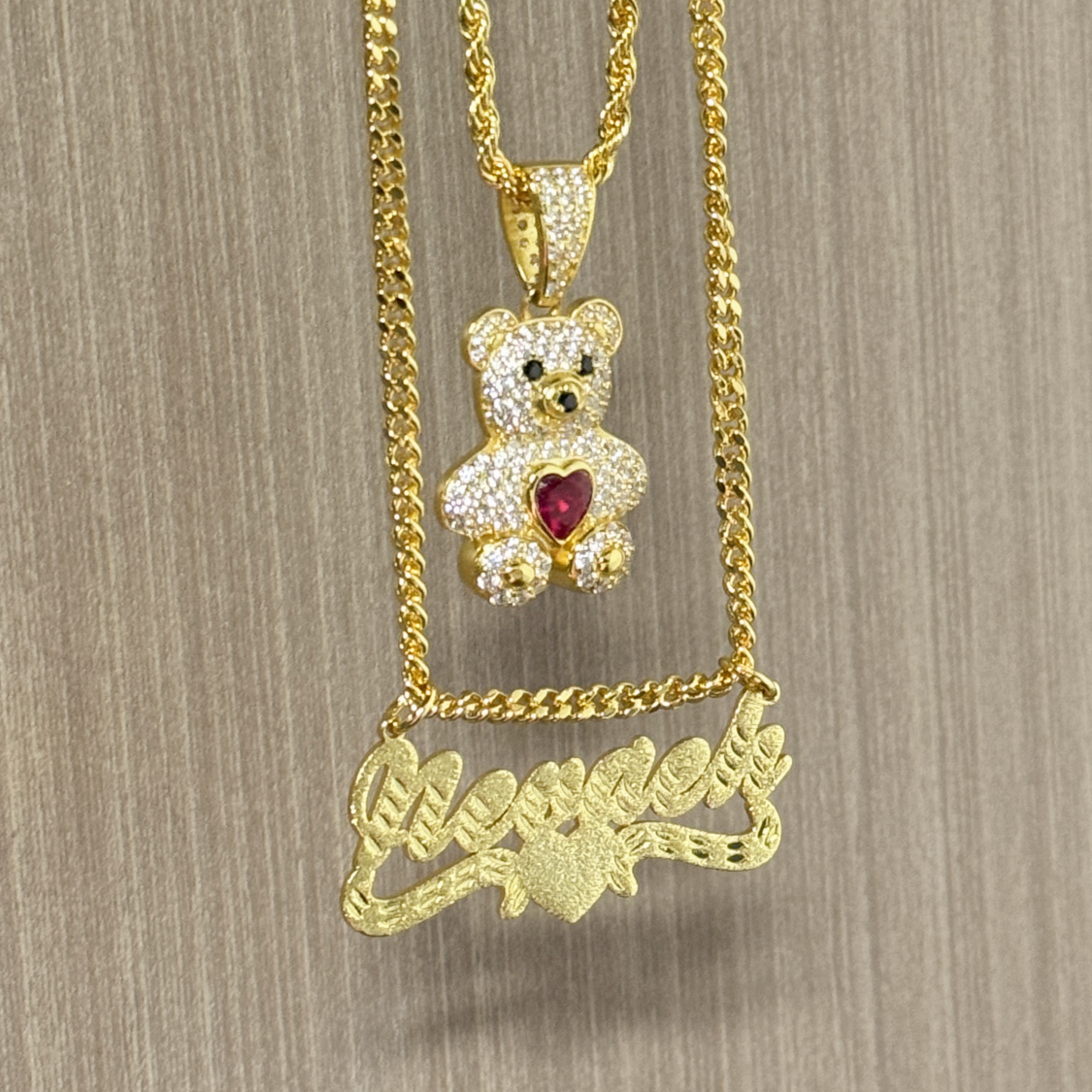 Custom Name Necklace Teddy Bear Necklace 2pc Set