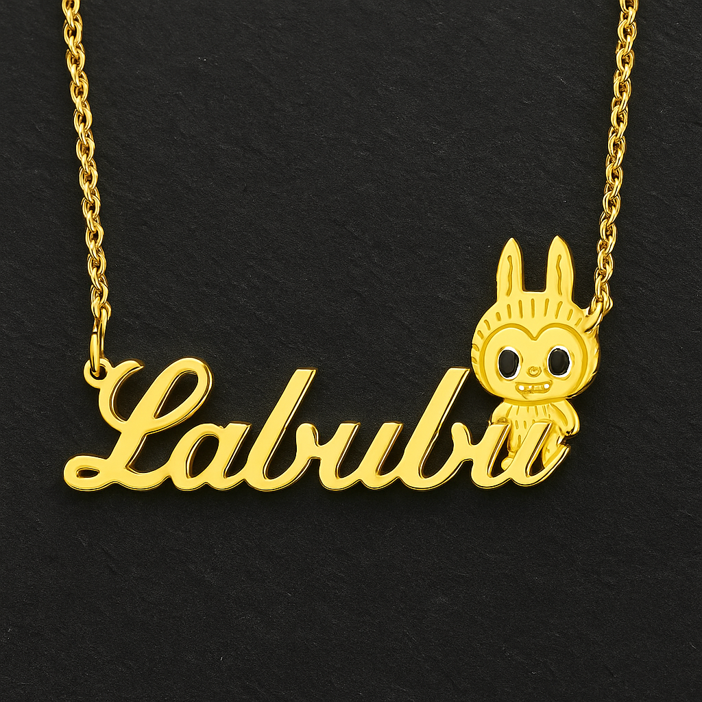 Personalized Gold Plated Cute Name Necklace with Cartoon Rabbit Elf