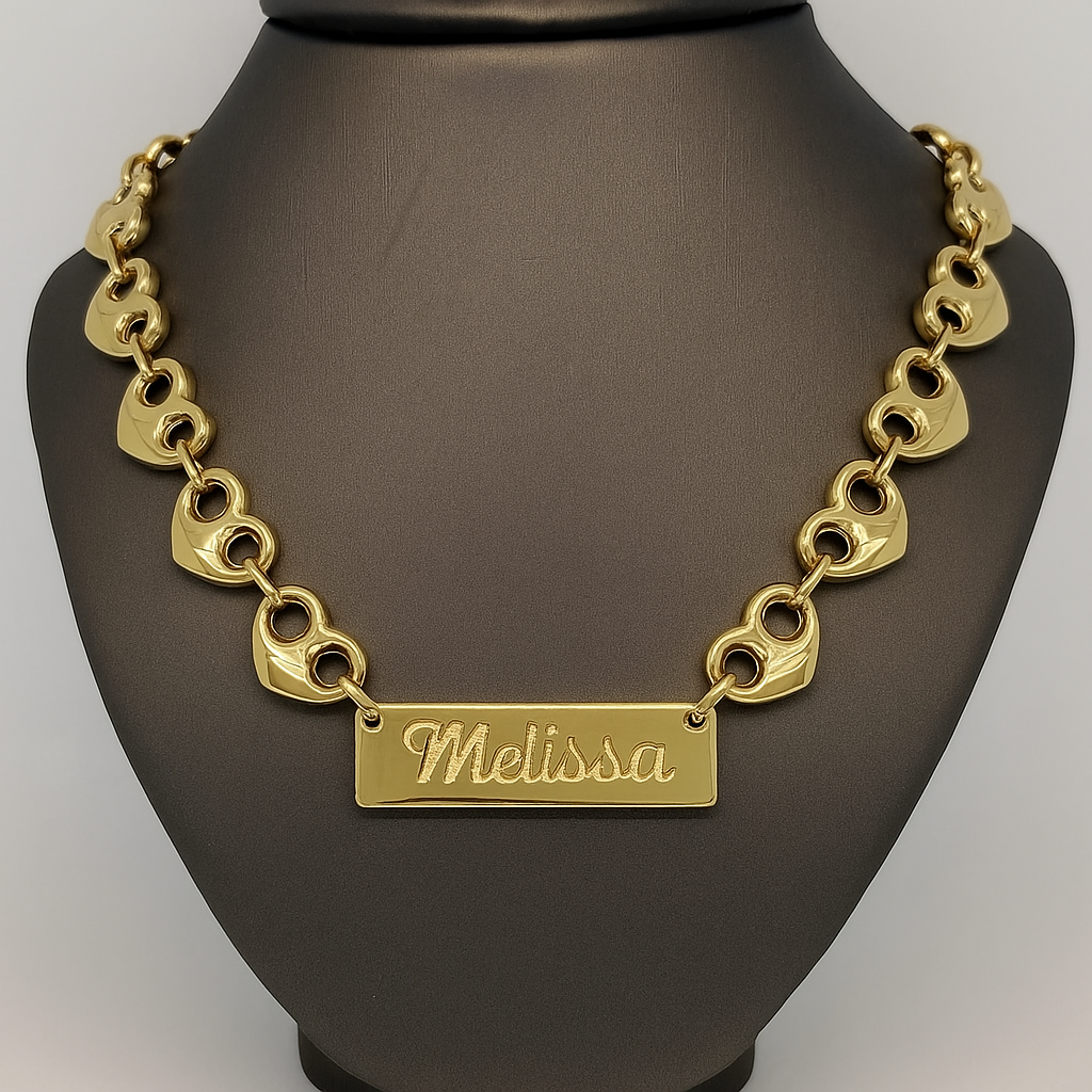 Puffed Heart Mariner Link Chain Engraved Nameplate Bar Necklace