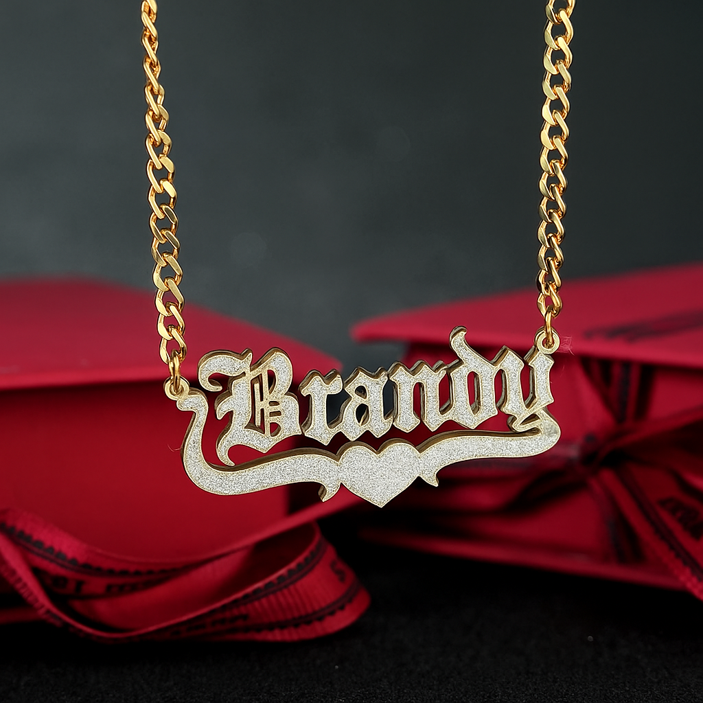 Shiny Heart Stainless Steel Custom Double Layer Old English Name Necklace