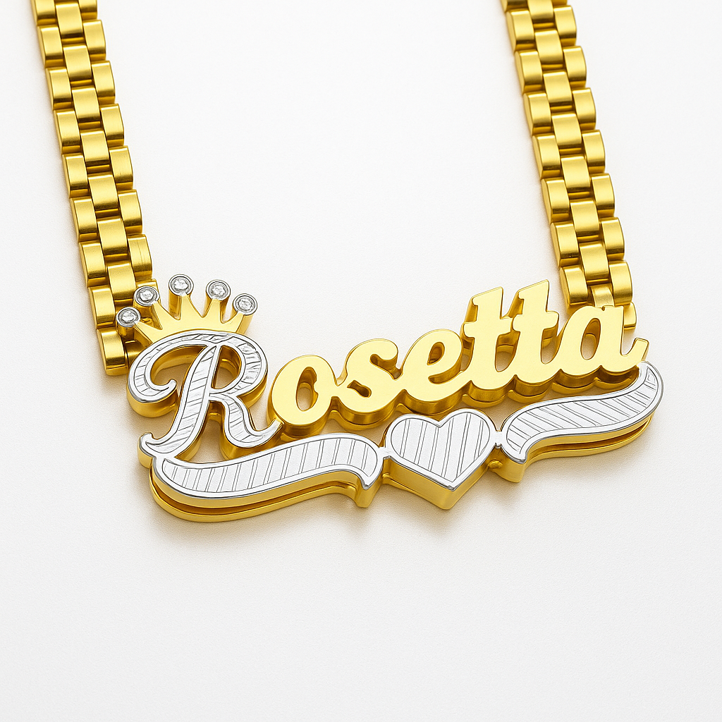 Rx Link Chain Custom Two Tone Double Plate Crown Heart Name Necklace