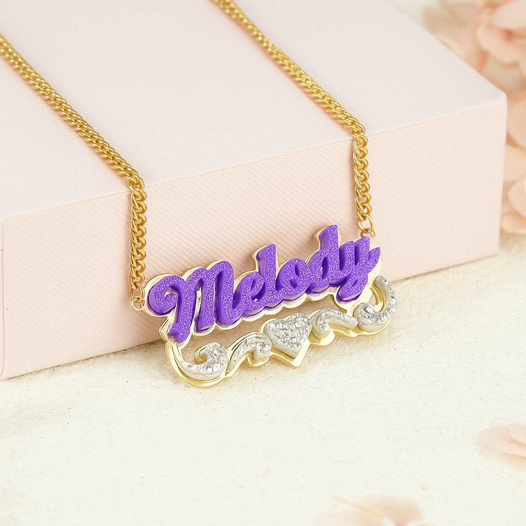 Personalized Doubla Plate Purple Heart Name Necklace