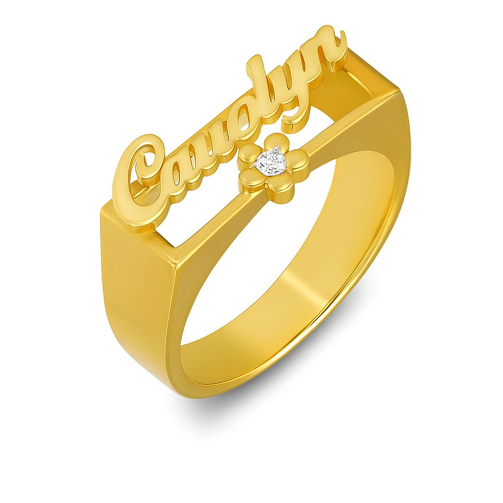 Flower with Birthstone Custom Name Ring Gold Plated