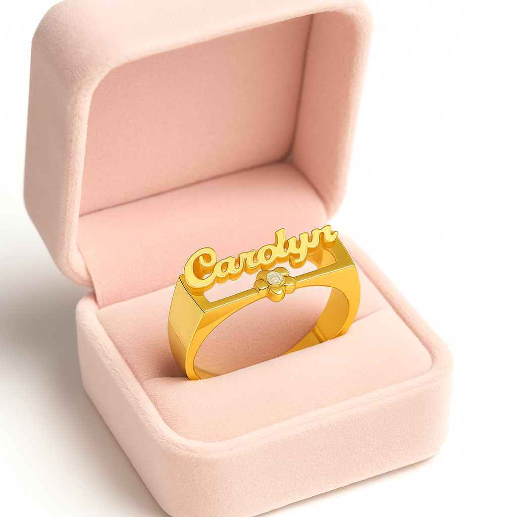 Flower with Birthstone Custom Name Ring Gold Plated