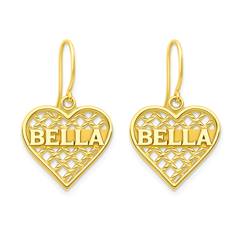 Personalized Heart Net Name Earrings Gold Plated
