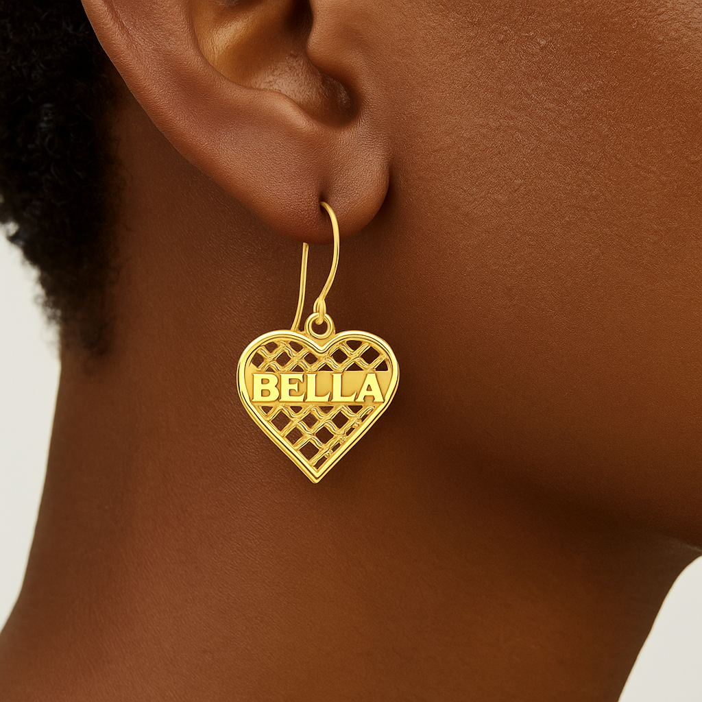 Personalized Heart Net Name Earrings Gold Plated